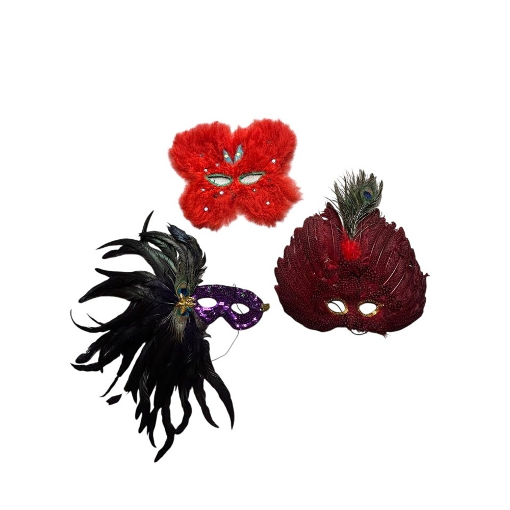 Masquerade Mask Set 3pc Feather Sequin Red Purple Burgundy Costume Party